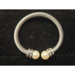 Women's Silver Tone Iridescent Rhinestone Faux Pearl Cable Cuff Bracelet